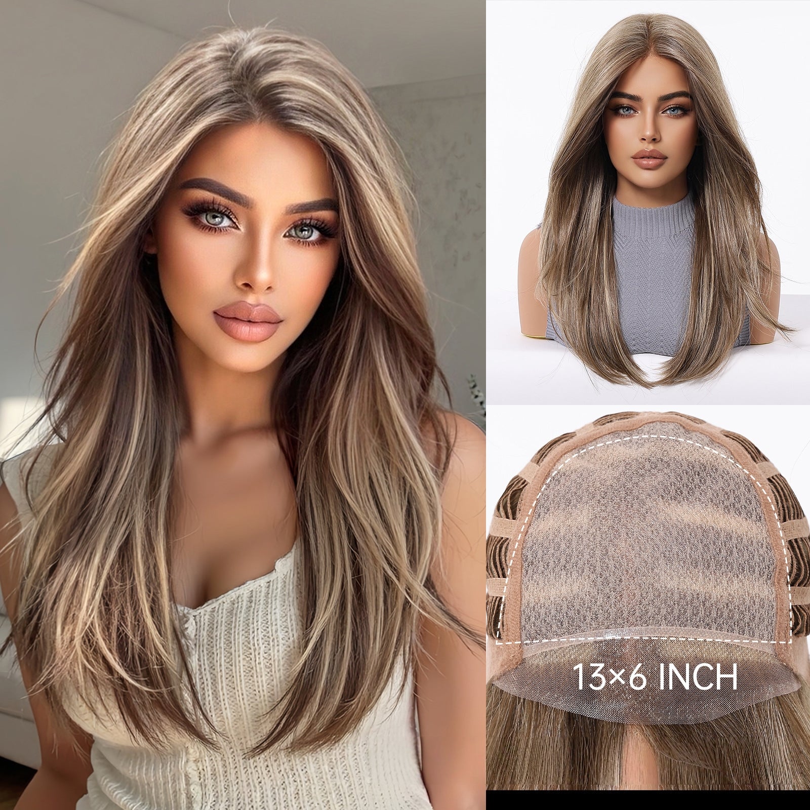 7.5” X 5.5”Mono Top | Luxurious Ombre Blonde Long Straight Wig | Natural Sunkissed Glow | Synthetic Lace Front Wig