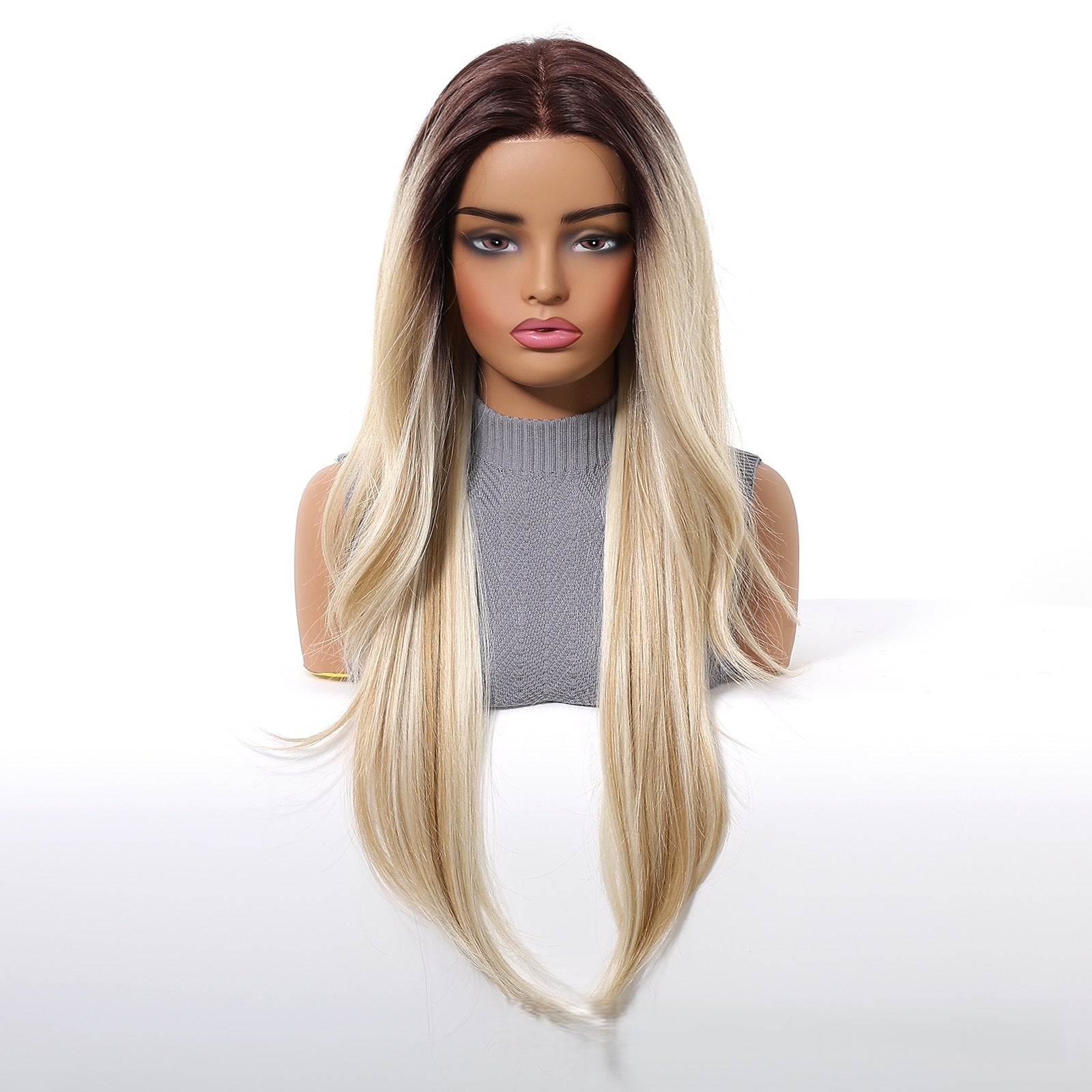 7.5” X 5.5”Mono Top | Luxurious Ombre Blonde Long Straight Wig | Natural Sunkissed Glow | Synthetic Lace Front Wig