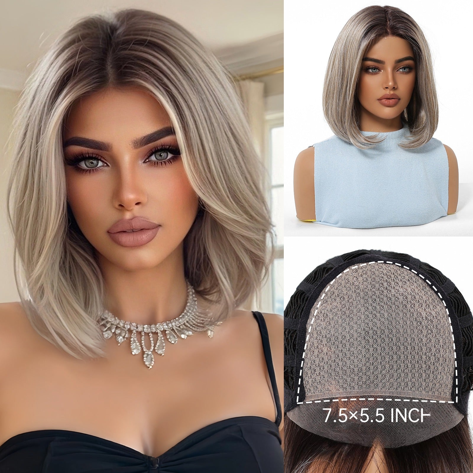 7.5” X 5.5”Mono Top | Ombre Grey Bob Wig | Natural Looking Hair Parting | Synthetic Lace Front Wig
