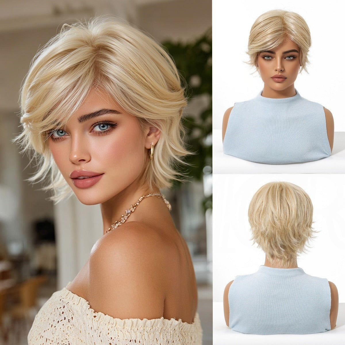 Signature Golden Blonde Pixie Cut Wig | 7.5” X 5.5”Mono Top & Matte Heat-Resistant Silk | Free Parting Short Straight Hair