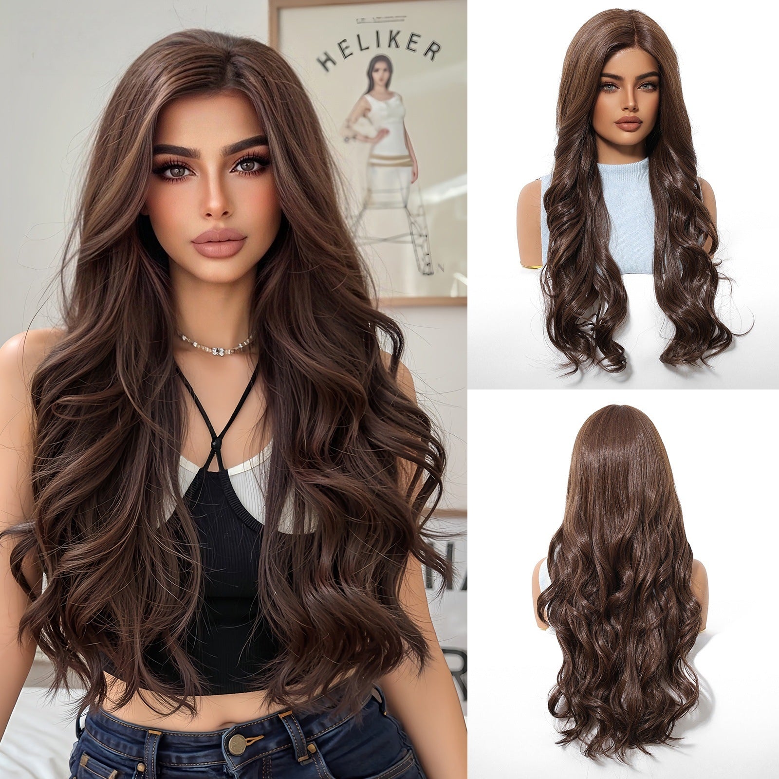 Goddess Ombre Brown Long Wavy Wig - 7.5” X 5.5”Mono Top & Matte Heat-Resistant Silk | Seamless Gradient Large Waves