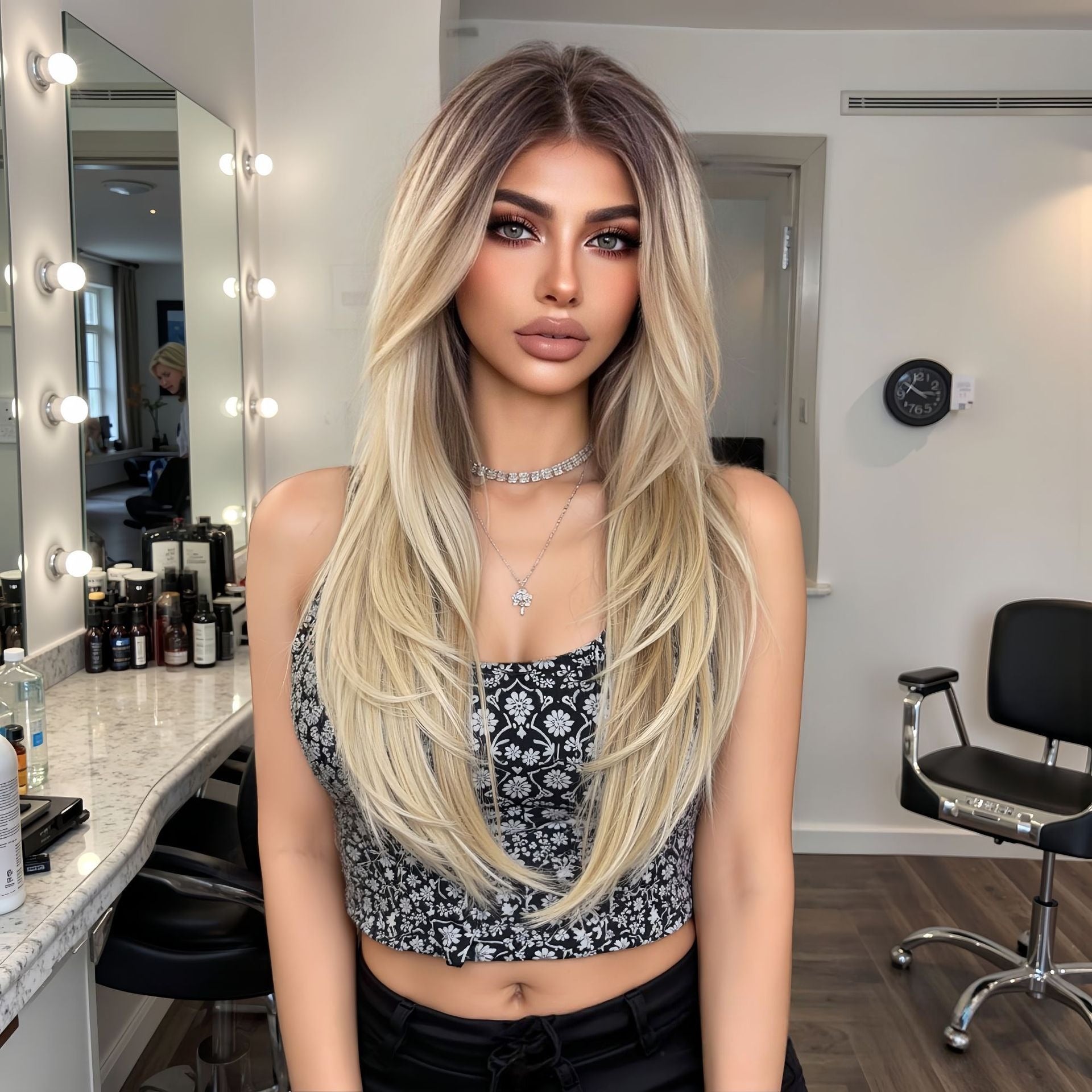 7.5” X 5.5”Mono Top | Luxurious Ombre Blonde Long Straight Wig | Natural Sunkissed Glow | Synthetic Lace Front Wig