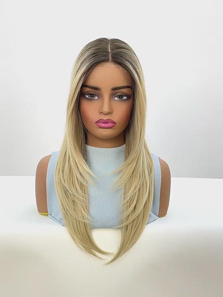 7.5” X 5.5”Mono Top | Luxurious Ombre Blonde Long Straight Wig | Natural Sunkissed Glow | Synthetic Lace Front Wig