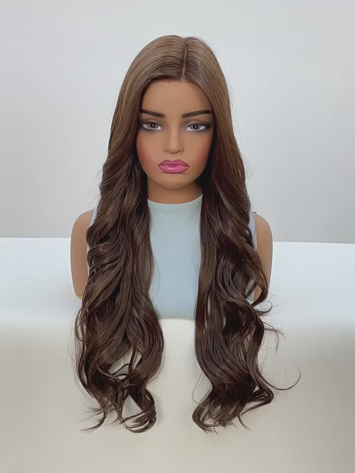 Goddess Ombre Brown Long Wavy Wig - 7.5” X 5.5”Mono Top & Matte Heat-Resistant Silk | Seamless Gradient Large Waves